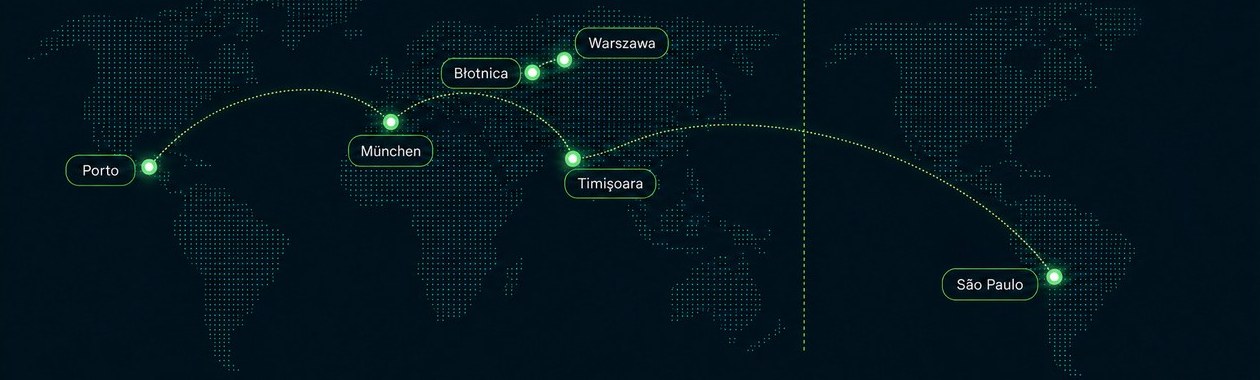 Weltkarte mit den sechs Thalox-Standorten: München, Porto, Timișoara, Warszawa, Błotnica und São Paulo