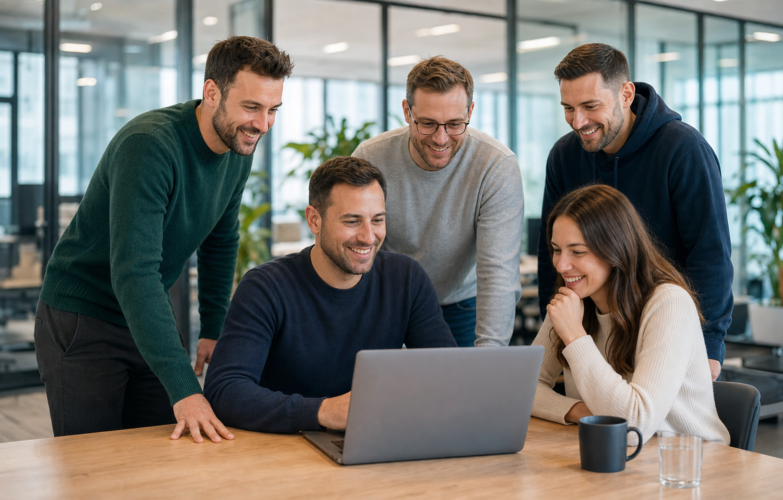 Entwicklungsteam arbeitet gemeinsam an einem Laptop